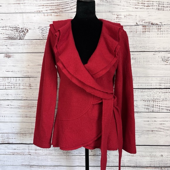 Marisa Christina Sweaters - Vtg Marisa Christina Wool Wrap Cardigan Womens S Red Ruffle Collar Hem Dopamine